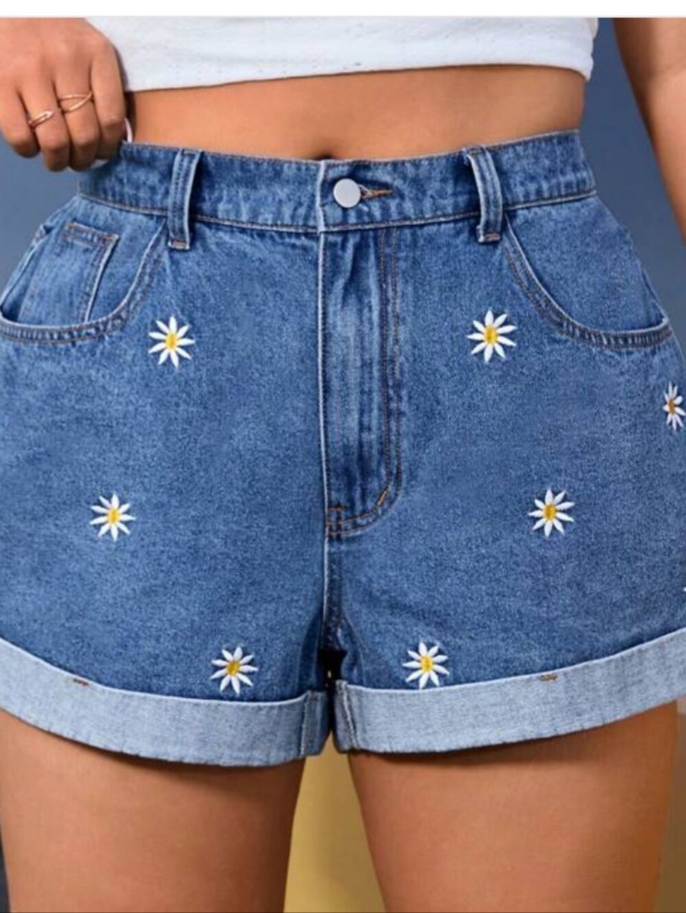 Blue Denim Daisy Floral Embroidered Cuff Trendy Hippie Womens Jean Shorts Size S